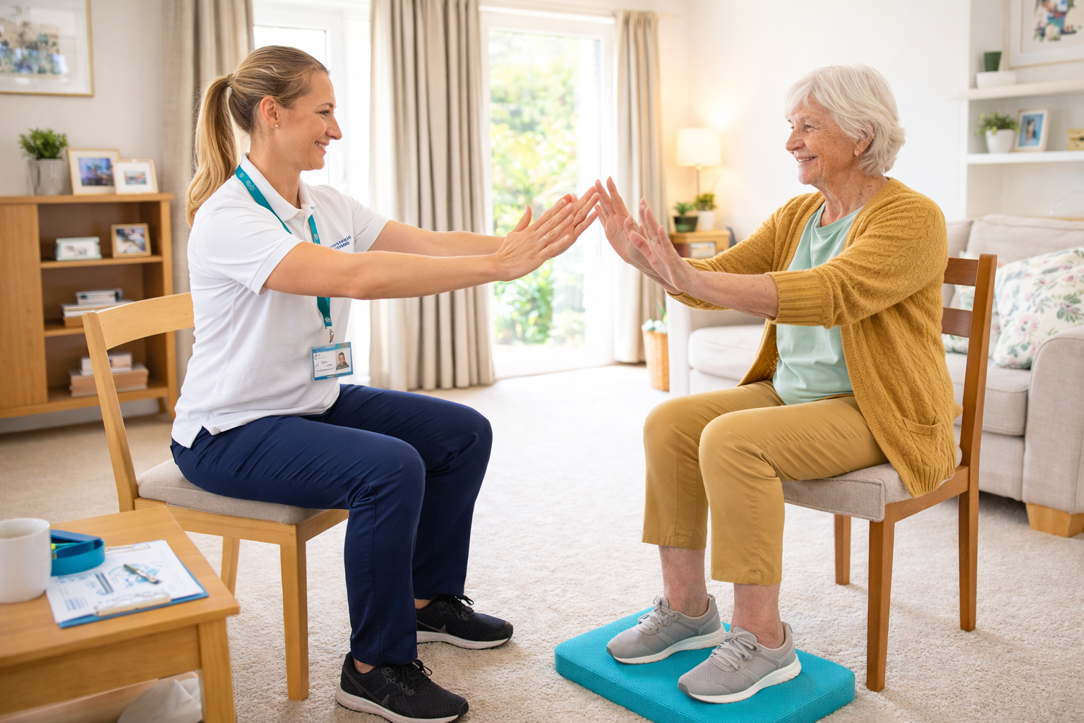 Healthcare professional discussing rehabilitation and everyday mobility with an older patient at home