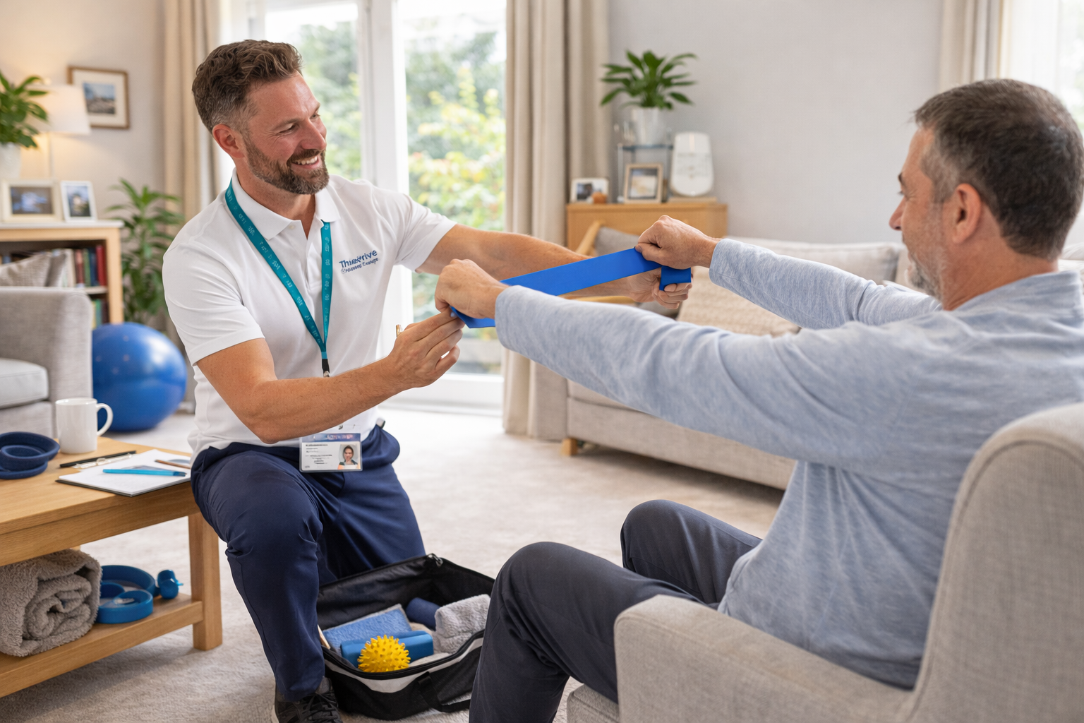 Healthcare professional providing physiotherapy at home