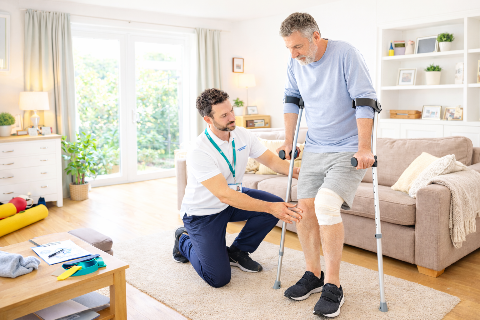 Physiotherapist helping an older woman with mobility exercises at home